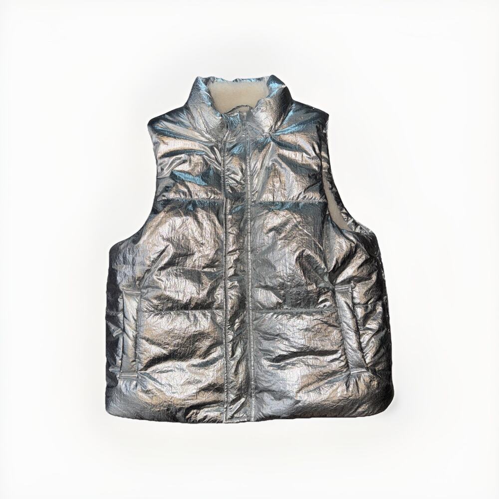 Metallic Silver Puffer Vest Faux Shearling Lined Full Zip Women’s Size Large y2k - Picture 2 of 9